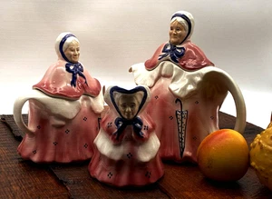 Art Deco Tony Wood Tea Set Little Old Lady Teapot Sugar Bowl and Milk Jug - Picture 1 of 12