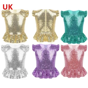 UK Kids Girls Sparkly Mermaid Dance Sports Vest Camisole Top Gymnastics Costume - Picture 1 of 68