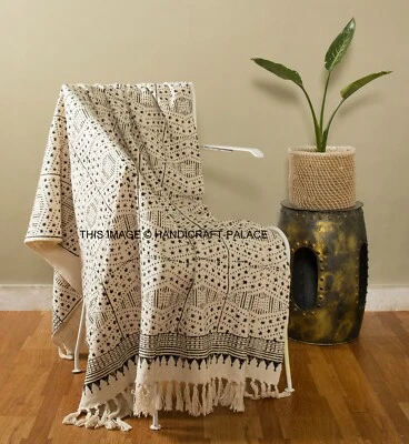 Cotton Tassels Blanket Woven Throw Bed Sofa Hand Print Indian Rug Home Decor New - Image 1 of 3