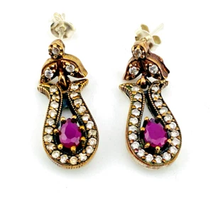 Rubin Halo Ohrhänger Sterlingsilber Vermeil gemischte Metalle 1" L Lab Created - Bild 1 von 4