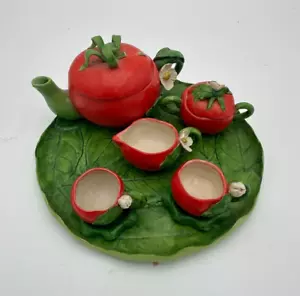 Vintage Hand & Heart Signed Porcelain Miniature Tomato Apple Tea Set Dollhouse - Picture 1 of 23