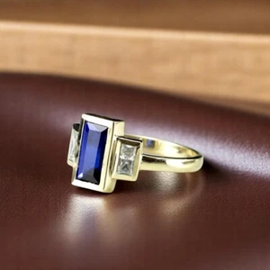 Diamond Ring Lab Created Baguette 1.90 Carat Blue Sapphire 18K Yellow Gold 5 6 7 - Picture 1 of 10