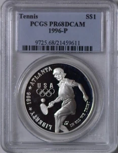1996-P Tennis Olympic Commemorative Silver Dollar Proof PCGS PR68DCAM - Picture 1 of 2