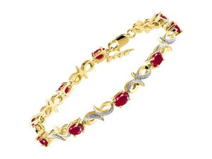 RYLOS RUBY & DIAMOND TENNIS BRACELET YELLOW GOLD PLATED SILVER 7-8" - Picture 1 of 5