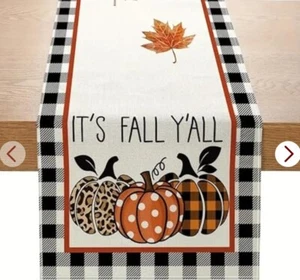 Fall Table Runner, Pumpkin, Leaves, Black Checker, Burlap, NEW - Picture 1 of 4
