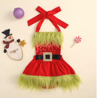 Baby Girls Christmas Grinch Sequin Romper | Xmas Photo Prop Outfit | CLEARANCE! - Image 1 of 3