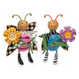Mackenzie Childs Happy Bugs 6.75" Alto Juego de 2 Metal Jardín Nuevo en Caja ¡REGALO! - Imagen 1 de 2