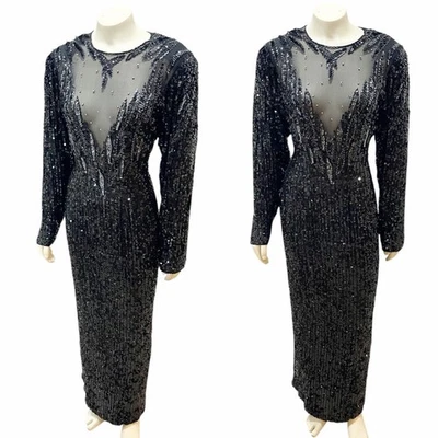 Sho Max Originals Sequin Silk Gown Black Beaded Long Sleeve Vintage XL - Image 1 of 4
