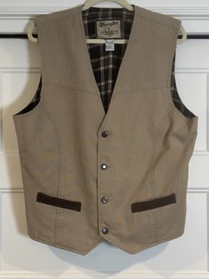 Wrangler 外套帆布皮革装饰背心男式大号卡其色米色法兰绒衬里 — 第 1/4 张图片