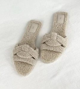 Zara Slide Sandal Sherpa Crossover Women’s Sz US 9 EU 40 Beige Comfort - Picture 1 of 5