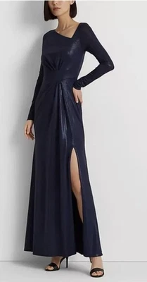 NWT Lauren Ralph Lauren Womens Jersey Gown Dress Navy Metallic Sz 16 Black Label - Image 1 of 4