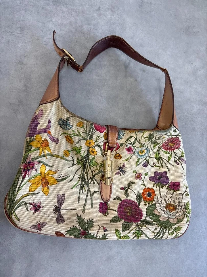 Gucci One Shoulder Bag Handbag White New Jackie Flora Floral Canvas Leather Used - Image 1 of 4