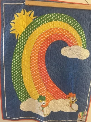 Vintage Handmade Baby Crib Quilt Rainbow Cowboy Duck “That’s Our Baby” 70s - Image 1 of 4