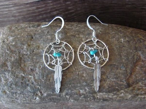 Navajo Sterling Silver Turquoise Dreamcatcher Dangle Feather Earrings by Yazzie - Picture 1 of 5