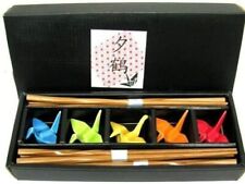 Set of 5 Bamboo Chopsticks and Porcelain Crane Chopsticks Rest Holder Gift 4823