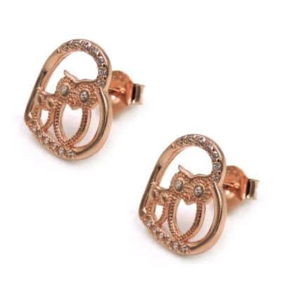 Orecchini Cuore con Gufi in Argento 925 Placcato Oro Rosa e Zirconi Bianchi - Immagine 1 di 4