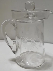 SYRUP PITCHER ANTIQUE WHEEL ETCHED BIRD SUNFLOWER GLASS LID 5 INCH BUBBLE OLD - Picture 1 of 12