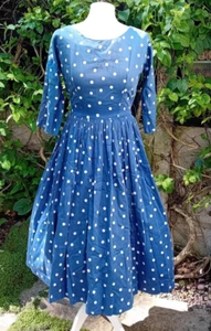 VINTAGE 50s RICHARD SHOPS SPOTTY DOLMAN SLEEVE DRESS FULL SKIRT SWING GOODWOOD M - Picture 1 of 19