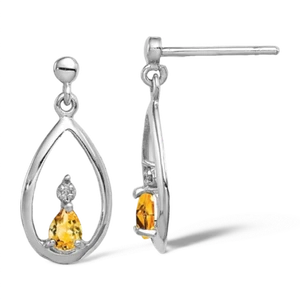 925 Sterling Silver Citrine Diamond Dangle Earrings - Picture 1 of 3