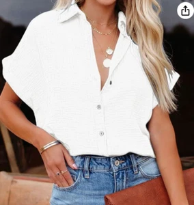 Damen Kurzarm Shirts V-Ausschnitt Kragen Bluse Button Down Shirt Tops XXL - Bild 1 von 11