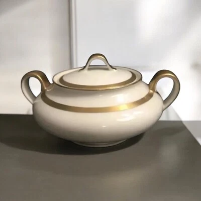"Azúcar Limoges con asas y tapa 6"" de ancho blanco con oro hecho en Francia genial" Foto 1 de 4