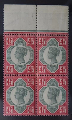 GB SG206 QV 1887 4-1/2d Green & Carmine, Marginal Block of 4, Unmounted Mint - Image 1 of 2