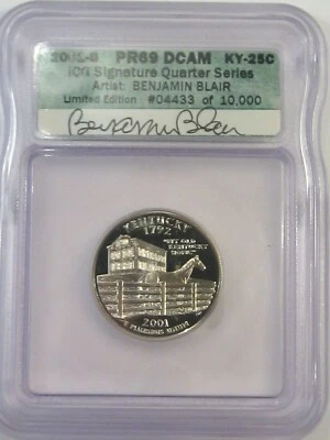 2001-s Proof Kentucky State Quarter Signed: Benjamin Blair ICG PR69DCAM.  #30 - Image 1 of 4
