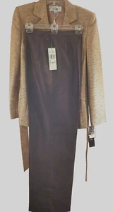 New LE SUIT PANT SUIT 8 BLAZER LINED Golden Brown Shiny Lurex Lapel Belt NWT - Picture 1 of 16