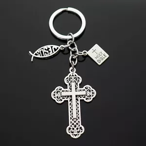 Cross Design Jesus Fish Christian Holy Bible Charms Keychain Gift Key Chain Ring - Picture 1 of 4
