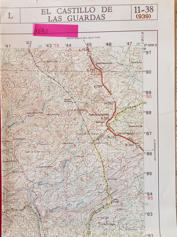 MAPA TOPOGRAFICO "EL CASTILLO DE LAS GUARDAS" 11-38 (939) ESCALA 1:50000 # 1690 - Imagen 1 de 1