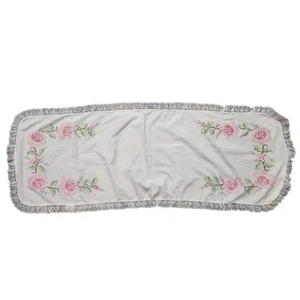 Vintage Embroidered Floral Dresser Scarf Cross Stitch Roses Lace Trim 46x17 - Picture 1 of 7