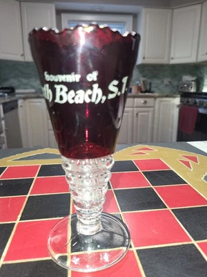 Antique EAPG Ruby Stain Flash Glass Souvenir Vase South Beach Staten Island  - Image 1 of 4