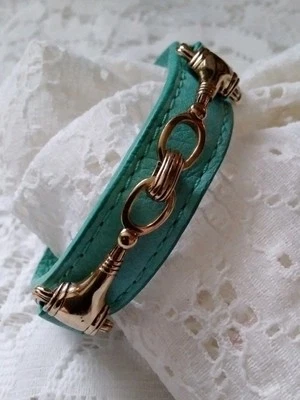 Barse Thai Teal Leather GoldBrass Bar Accent 7.5" Fashion Bracelet With Safety  - Image 1 of 4