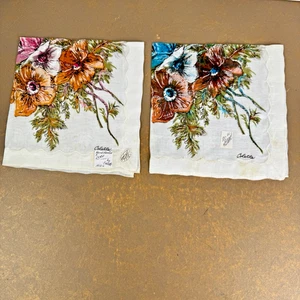 2 Pañuelos Colette Marrón Pintados a Mano Años 50 Festoneado Bordado Borde MCM - Imagen 1 de 10
