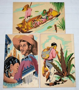 170k. 3x MEXICO STYLIZED ART PC'S UNUSED, COUPLE, DRINK FROM CACTUS, CANOE - Picture 1 of 2