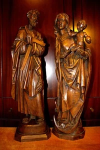ANTIQUE 21" HAND CARVED WOOD CARVING NATIVITY SCENE HOLY FAMILY STATUE FIGURE - Picture 1 of 21