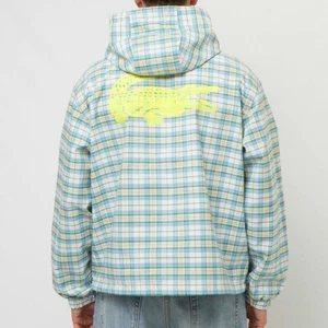 LACOSTE Mens Rain Jacket Small Blue Green Plaid Zip Up Hooded Checkered KARIERTE - Picture 1 of 15