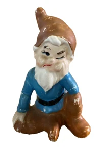 VTG 3.5" Ceramic Sitting Dwarf Gnome Figurine Winking Brown Blue Made In Japan - Picture 1 of 7