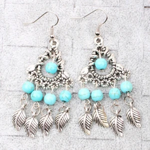 Boho Dreamcatcher Earrings Turquoise Beads Silver Plated Feathers Festival Gift - Picture 1 of 4