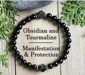 Black tourmaline, genuine stones, yoga energy protection, Men Women, Size 19cm - Picture 1 of 7