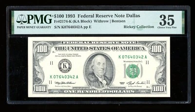 DBR 1993 $100 FRN Dallas Fr. 2174-K PMG 35 Serial K07640342A - Image 1 of 2
