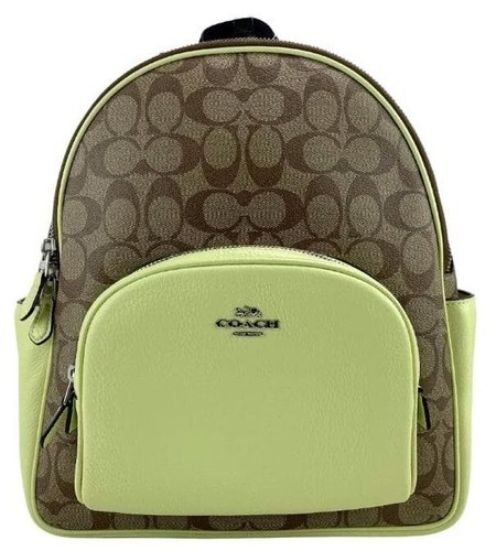 Zaino Coach Khaki Pallido Lime Court in tela e pelle firmata 5671 Nuovo con etichette