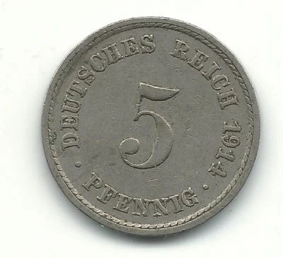HIGH GRADE VF/XF 1914 A GERMANY GERMAN 5 PFENNIG COIN-APR449 - Image 1 of 2