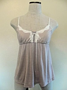 Eberjey Mocha Ivory Stripe Lace Trim Rayon Blend NAMASTE Camisole - L - Picture 1 of 6