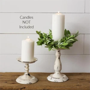 New Farmhouse 2 AGED ANTIQUE WHITE METAL PILLAR CANDLE HOLDER Pedestal Stand - Picture 1 of 2