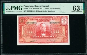 Paraguay 10 Guaranies 1952 Pick-187c Choice UNC PMG 63 EPQ - Picture 1 of 2