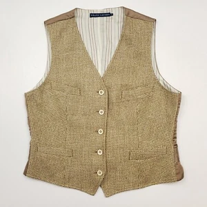 Ralph Lauren Waistcoat Women 10 Linen Silk Tweed Suit Vest Beige Button Up - Picture 1 of 11