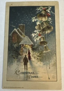 Winsch Weihnachtswünsche Stechpalme Beeren Schneeglocken um 1911 Vintage Postkarte geprägt - Bild 1 von 2