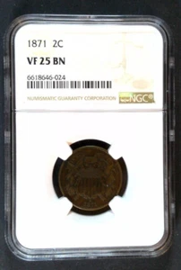 1871 - 2 Cent Piece - NGC VF 25 BN -Numismatic Rarity R-4.4 w/Est. Pop.- 3,000 - Picture 1 of 23