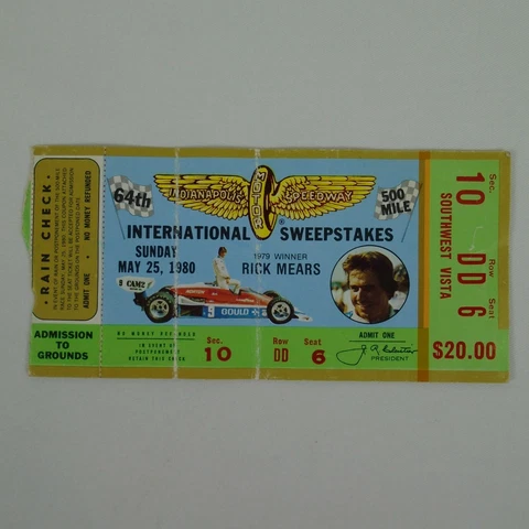 1980 Indianapolis 500 Ticket Stub Credential Southwest Vista Sec 10 Row DD Seat6 Cover